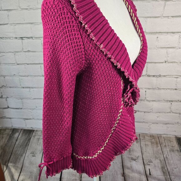 WOMENS RUBY RD CARDIGAN SWEATER RUFFLED EDGES PLUM COLOR ROSSETTE CLOSURE SIZE L - Picture 3 of 7